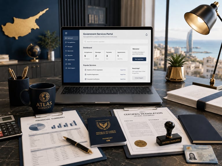 Professional desk setup displaying Government Services Portal on laptop, surrounded by financial documents, passport, and office supplies with city view in background