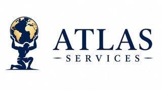 Atlas Services logo featuring a stylized figure holding a globe in dark blue