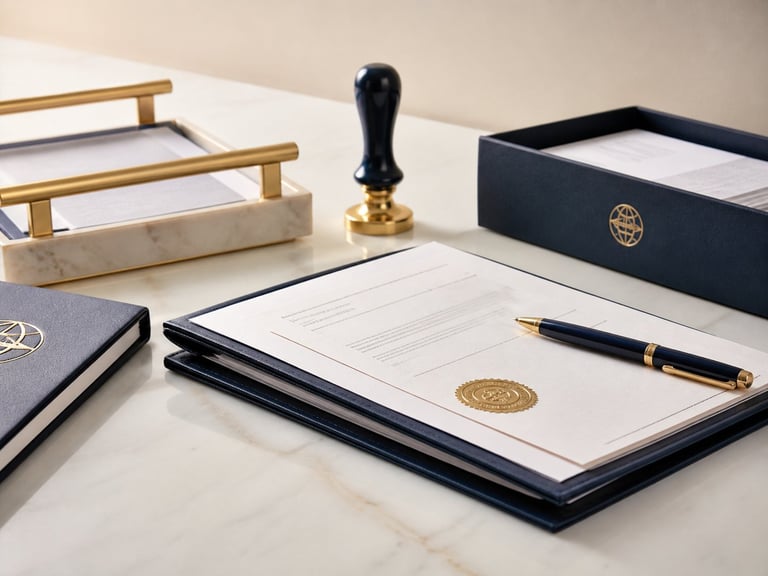 Organized desk setup with open leather portfolio containing gold-sealed stationery, pen, wax seal stamp, marble trays, and navy notebooks on white marble surface