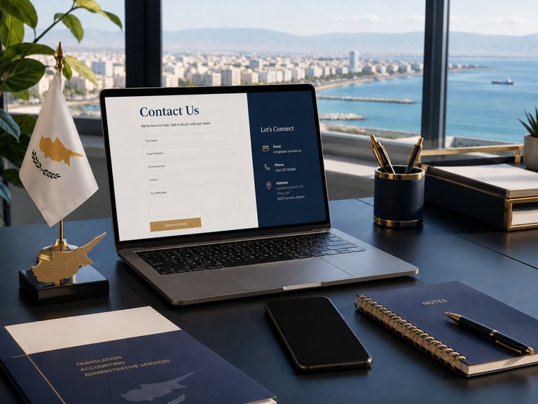 Laptop displaying contact form on modern office desk with cityscape and ocean view through windows