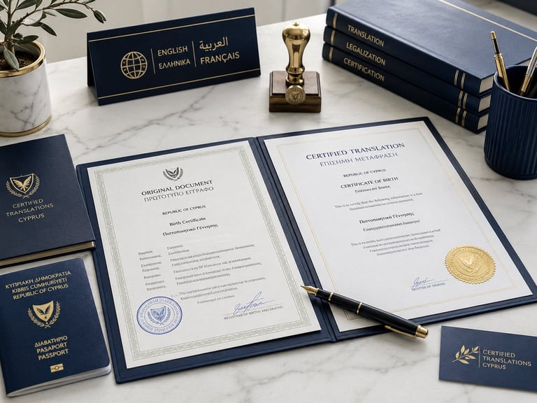 Professional desk with certified translation documents, language reference books, official seal, and diploma on marble surface