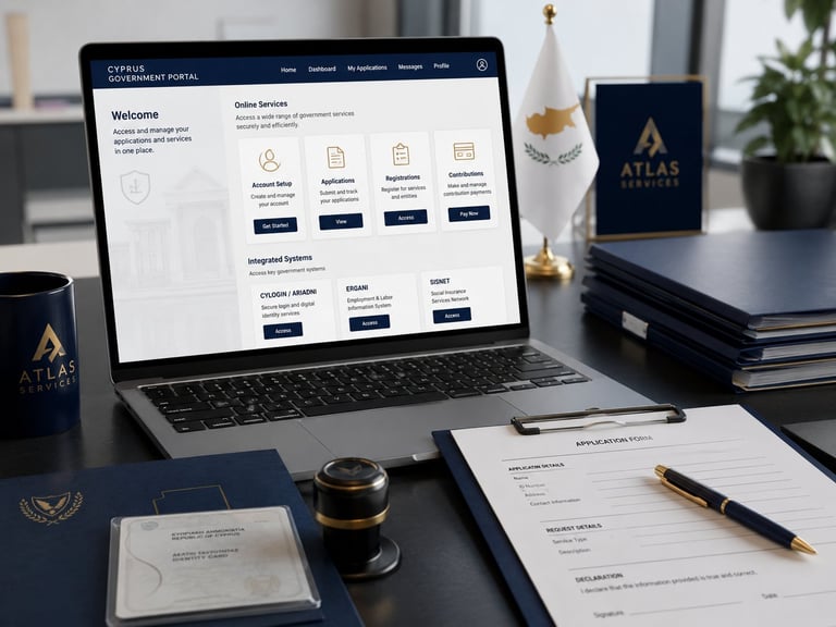 Laptop displaying Cypress Insurance Portal website on professional dark desk with branded materials, pen, and coffee cup