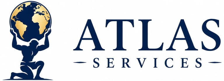 Atlas Services logo featuring a stylized figure holding a globe in navy blue and gold