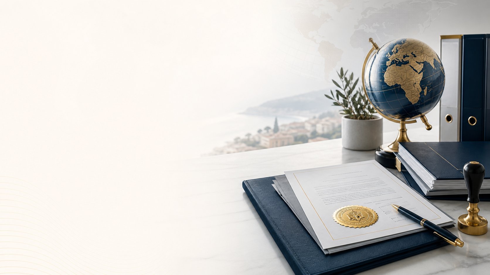 Professional desk workspace with globe, notebook, pen, small plant in pot, and cityscape visible through window